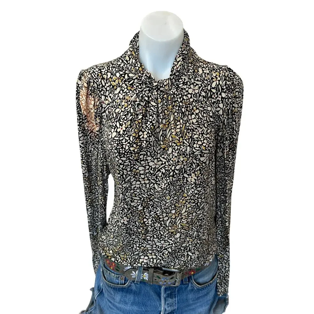 BA&SH Brown Floral Blouse Top LARGE Career Designer Fall Office Mockneck $245 - Picture 6 of 11